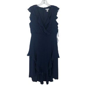 NWT Womens Size 10 London Times Navy Blue Ruffle Accent Faux-Wrap Midi Dress
